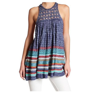FREE PEOPLE Rare Hearts Stripe Tunic Blue Size M Crochet High Neck Sleeveless
